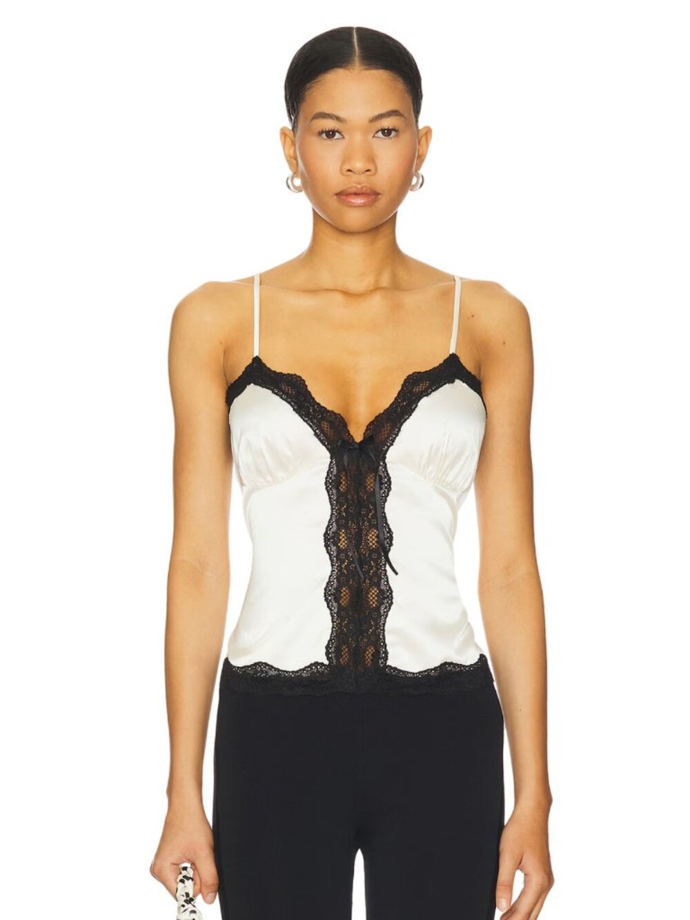 NEW GUIZIO Blair Top in White Satin & Black Lace Trim Silk Cami Camisole Tank